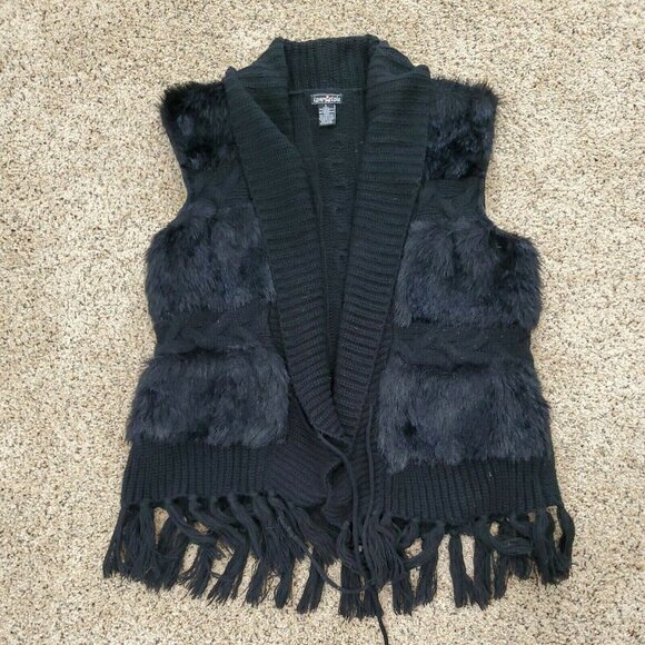 love lola Sweater Womans L Sleeveless Vest Knitted Faux Fur Fringed Black Front - Picture 1 of 12